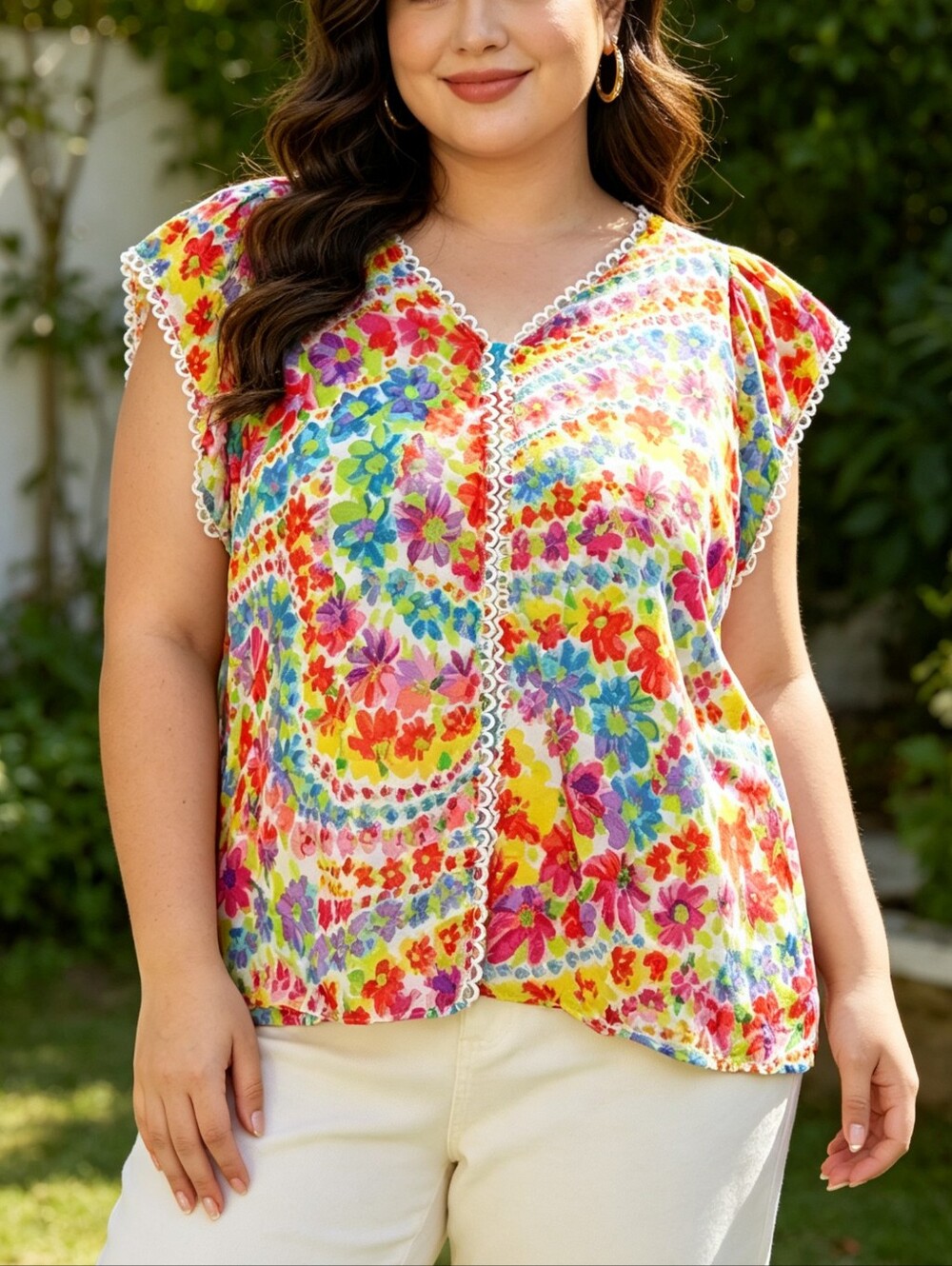 Talbots Floral Lace Trim Blouse XL Multicolor Cotton V-Neck Boho Summer Top